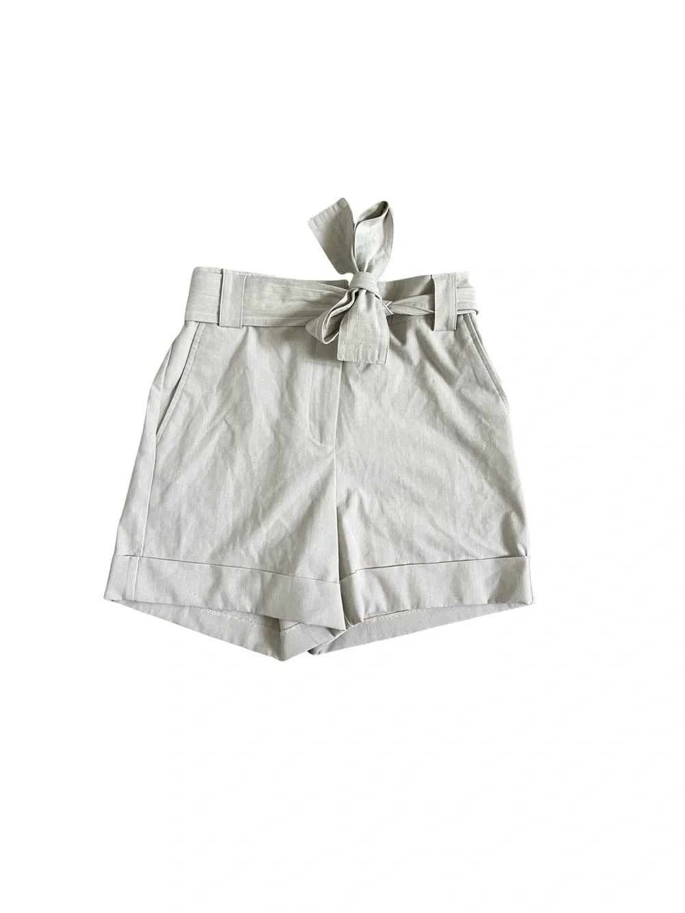 Rachel Zoe Light Beige Paperbag Waist Tie Shorts | High Rise Cuffed Linen Blend